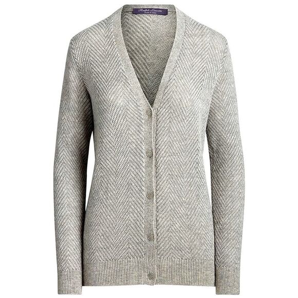 Ralph Lauren Gray Cashmere V-Neck Metallic Herringbone Knit Cardigan Sweater - Picture 1 of 16
